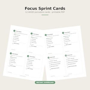 Druckbare Pomodoro-Karten für ADHS, Fokus-Sprint-Timer-Karten, Produktivitäts-Fokuskarten für ADHS, Aufgabenfokus-Hilfe, Sofort-Download