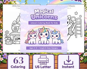 Magisch eenhoorn kleurboek voor kinderen, 63 pagina's, direct te downloaden als pdf.