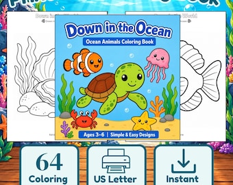 Kleurboek met zeedieren voor kinderen, 64 pagina's met zeedieren (digitale download)