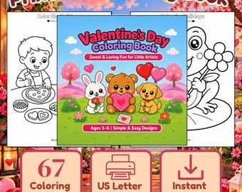Valentine's Day Coloring Book for Kids Ages 3-6, 67 Printable Pages (Digital Download)