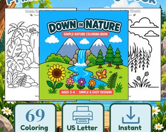 Natuurkleurboek voor kinderen, 69 eenvoudige buitenscènes (digitale download)
