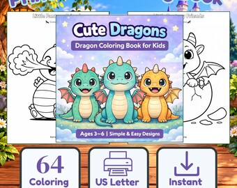 Drakenkleurboek voor kinderen, 64 pagina's, activiteitenboek (digitale download)