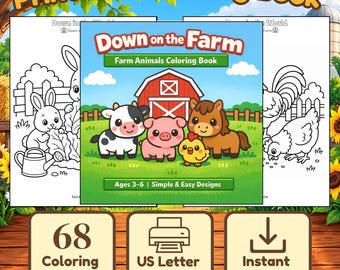 Kleurboek met boerderijdieren voor kinderen, 68 pagina's, direct te downloaden als PDF.