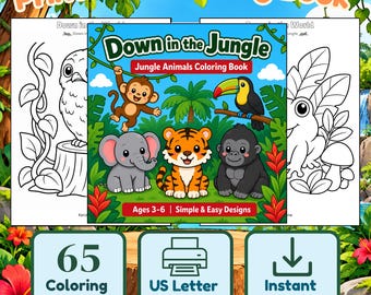 Kleurboek met jungledieren voor kinderen | 65 printbare pagina's (digitale download)