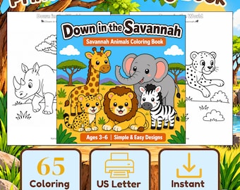 Savanne dieren kleurboek voor kinderen | 65 makkelijke kleurplaten van Afrikaanse wilde dieren (digitale download)