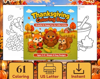 Thanksgiving Coloring Book for Kids Ages 3-6 | 61 Printable Pages (Digital Download)