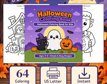 Halloween kleurboek voor kinderen, 64 pagina's, eenvoudige ontwerpen (digitale download)