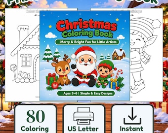 Kerstkleurboek voor kinderen, 80 pagina's, direct digitaal te downloaden (PDF)
