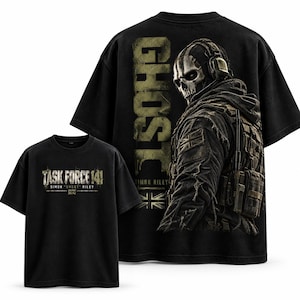 May include: A black short-sleeve t-shirt featuring a graphic of a soldier with a skull mask and the text GHOST on the back, and the text TASK FORCE 141 SIMON GHOST RILEY on the front. The design includes a Union Jack patch on the soldier's arm.