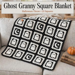 May include: A crochet blanket composed of 25 granny squares in black and white. The squares feature alternating motifs of white ghosts and white crescent moons with stars on a black background. The text Ghost Granny Square Blanket Halloween Throw 25 Squares is visible.