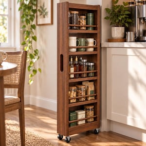Puede incluir: Un carrito de almacenamiento alto y estrecho de madera oscura con cinco estantes abiertos. Cada estante cuenta con una barra de madera horizontal para asegurar los objetos. El carrito contiene varios frascos de vidrio, tazas y recipientes.
