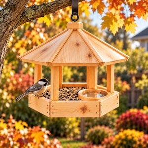May include: A hexagonal wooden bird feeder with a peaked roof, suspended by a black strap. The feeder features a central platform filled with mixed birdseed and a small circular water basin. A black-capped chickadee perches on the edge.
