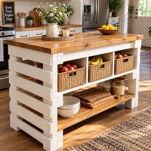 May include: A kitchen island with a white wooden frame and a natural wood countertop. The island features three open storage compartments containing woven baskets filled with apples, bananas, and onions, plus a lower shelf holding bowls and boards.