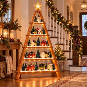 May include: A triangular wooden shelf shaped like a Christmas tree, featuring five tiers illuminated by warm string lights. Each shelf displays miniature houses and evergreen trees dusted with artificial snow, topped with a glowing star.