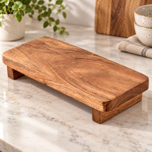Puede incluir: Un soporte rectangular de madera con un patrón de veta marrón natural y bordes redondeados suaves. La plataforma está sostenida por dos patas de madera cortas y resistentes, elevando la superficie plana para crear un expositor.