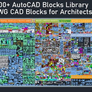 May include: A digital collection titled 1000+ AutoCAD Blocks Library Professional DWG CAD Blocks for Architects & Engineers, featuring a grid of various technical symbols, including potted plants, landscape elements, people, vehicles, and fixtures.