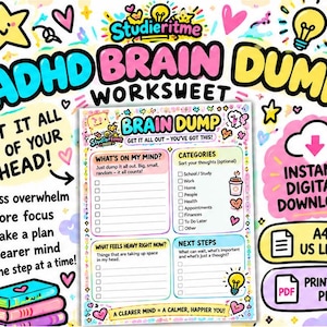 Op de afbeelding: Een kleurrijk ADHD brain dump werkblad met secties voor gedachten, categorieën, zware gevoelens en volgende stappen. De pagina bevat speelse illustraties van sterren, hartjes en gloeilampen, met tekst waaronder 'Get it all out of your head' en 'Instant digital download' in A4 en US Letter formaten.