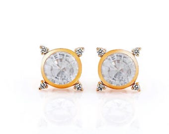 14K Rose Gold White Sapphire Cluster Diamond Bezel Stud Earrings