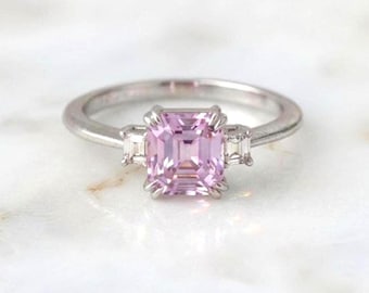 14K White Gold 3-Stone Radiant Cut Unheated Pink Sapphire and Square Baguette Diamond Ring
