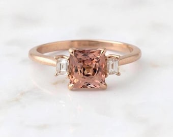 14k Rose Gold 3-Stone Radiant Cut Natural Padparadscha Sapphire Diamond Ring