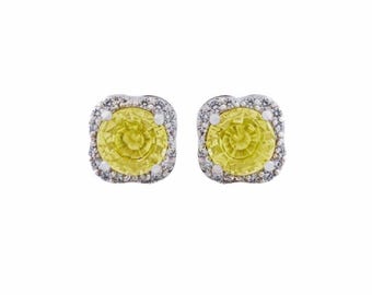 2.05 Carats Yellow Sapphire Diamond Scalloped Halo Diamond Earrings in 14K White Gold