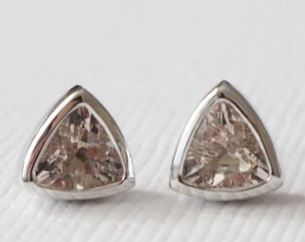 Trillion Cut Peachy Pink Morganite Stud Earrings, Pink Gemstone Bezel Studs in 14K White Gold