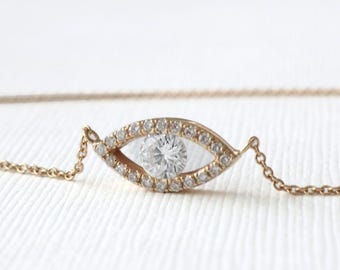 Evil Eye Diamond Necklace: 14K Yellow Gold Solitaire Pendant