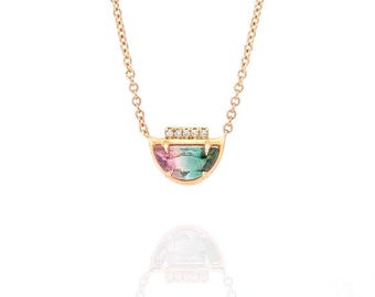 Bicolor Watermelon Tourmaline Half Moon Diamond Necklace in 14K Rose Gold