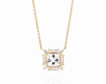 14K Yellow Gold White Sapphire Pendant with Diamond Baguette and Round Halo