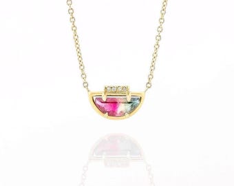 Bicolor Watermelon Tourmaline Half Moon Diamond Necklace in 14K Yellow Gold