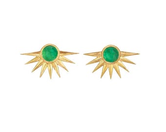 14K Yellow Gold Emerald Cabochon Sun Ray Stud Earrings