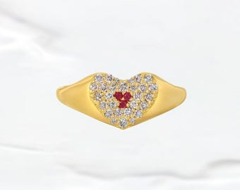 Ace Ruby and Diamond Pavé Set Heart Ring in 18K Yellow Gold