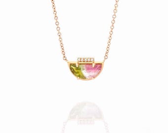 Bicolor Watermelon Tourmaline Half Moon Diamond Necklace in 14K Rose Gold