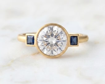SapphireThree Stone Bezel Engagement Ring in 14K Gold