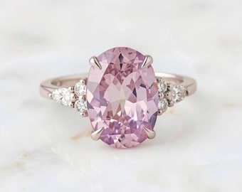 14K White Gold GIA Oval Pink Sapphire Cluster Ring With Round and Marquise Diamonds