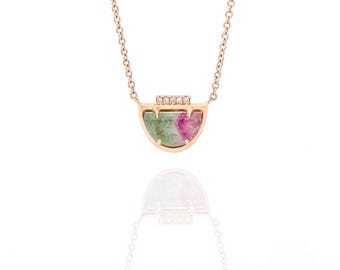 Bicolor Watermelon Tourmaline Half Moon Diamond Necklace in 14K Rose Gold