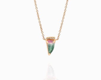 Bicolor Watermelon Tourmaline Fang Diamond Necklace in 14K Rose Gold