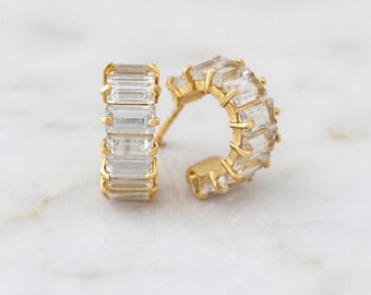 14K Gold Huggie Hoop Earrings, White Topaz Baguette Studs