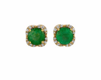 Emerald Diamond Halo Earrings in 14K Yellow Gold