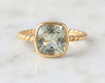 Cushion Cut Sage Green Amethyst Bezel Ring in 14K Yellow Gold