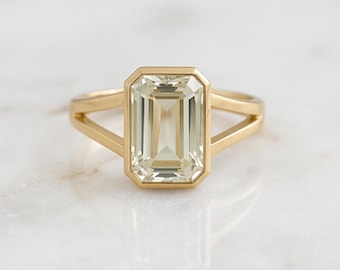 Handmade Emerald Cut Green Amethyst Ring: 14K Yellow Gold Bezel