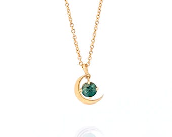 14K Yellow Gold Round Sapphire Crescent Moon Necklace