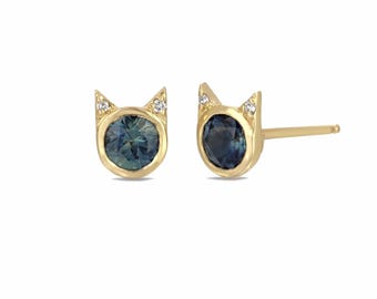 14K Solid Gold Teal, Blue-Green Sapphire Bezel Cat Stud Diamond Stud Earrings