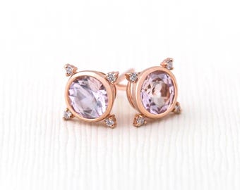 14K Rose Gold Morganite Stud Earrings: Diamond Pave Cluster