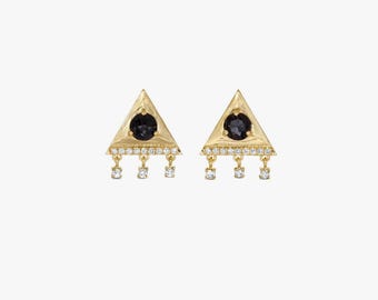 14K Yellow Gold Triangle Stud Earrings, Black & Champagne Diamonds