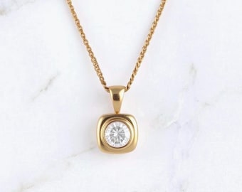 18K Yellow Gold Double Bezel Diamond Pendant Necklace | Minimalist Solitaire Layering Jewelry