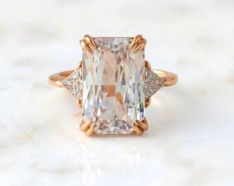 GIA Certified 7.56ct Radiant Cut Peach Sapphire Ring: 14K Rose Gold Diamond Accents