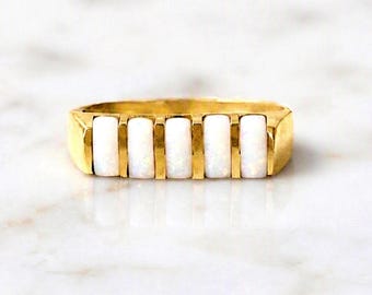 Opal Bar Ring: 14K Yellow Gold October Birthstone Stacking Ring