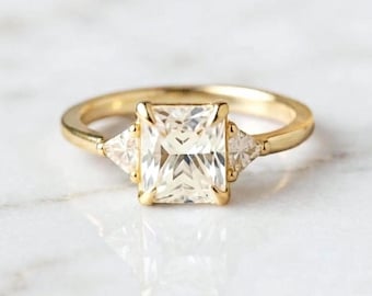 GIA Certified Radiant White Sapphire Ring: 18K Gold Trillion Diamond Engagement