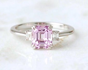 14K White Gold 3-Stone Radiant Cut Unheated Pink Sapphire and Square Baguette Diamond Ring